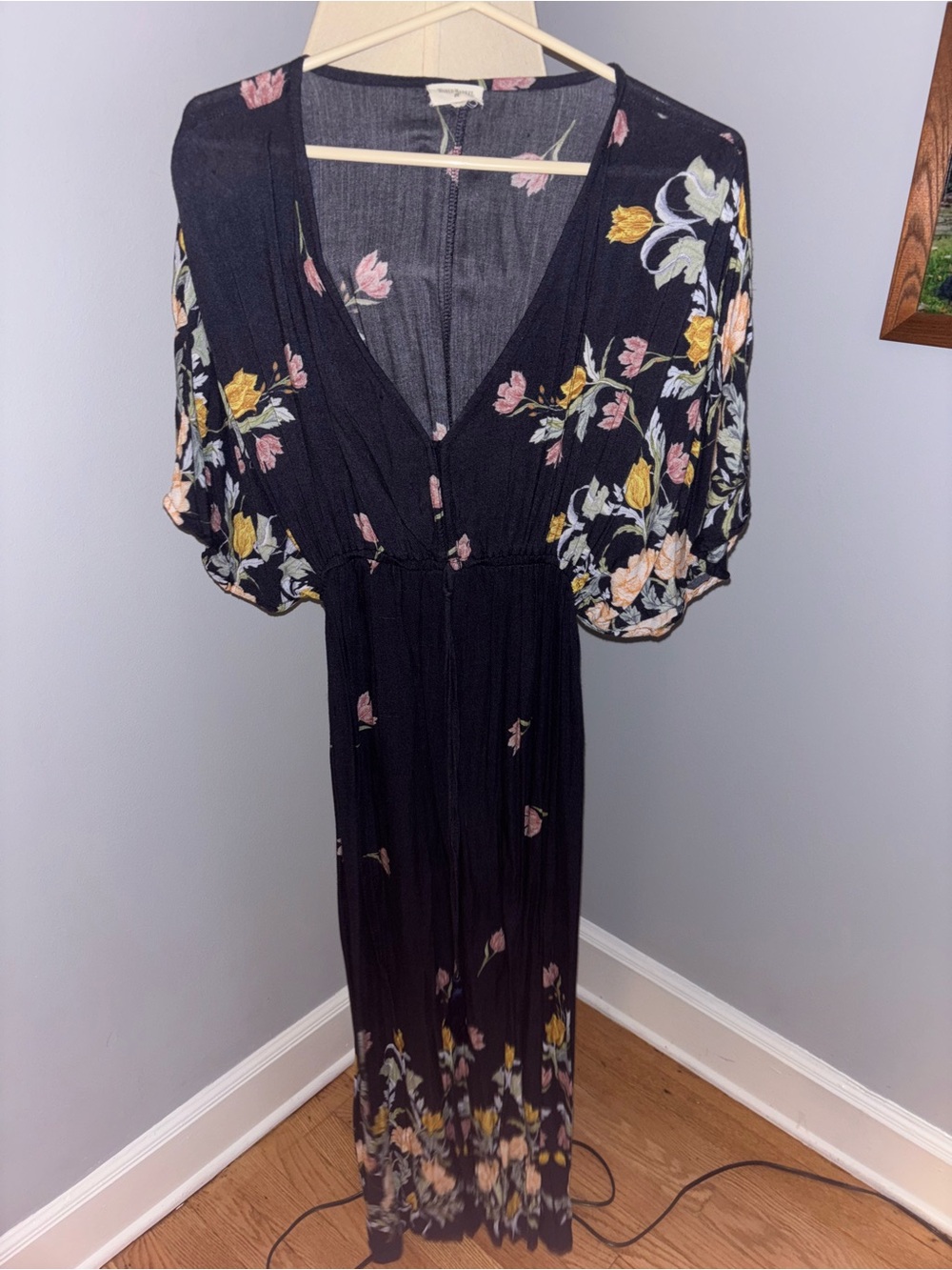 Cost Plus World Market Black Floral V-Neck Maxi Dress with Puff Sleeves